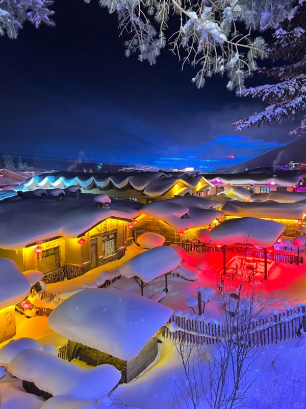 Night Scene of Snow Town