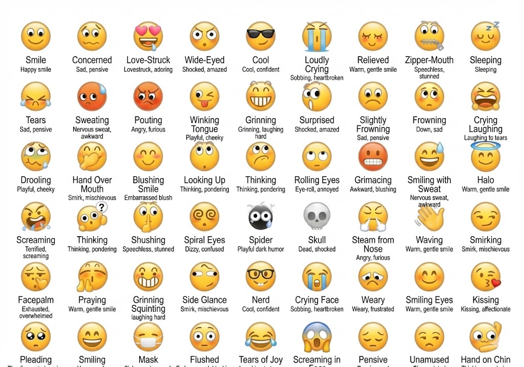 Full chart of default WeChat emojis with their official English meanings and translations