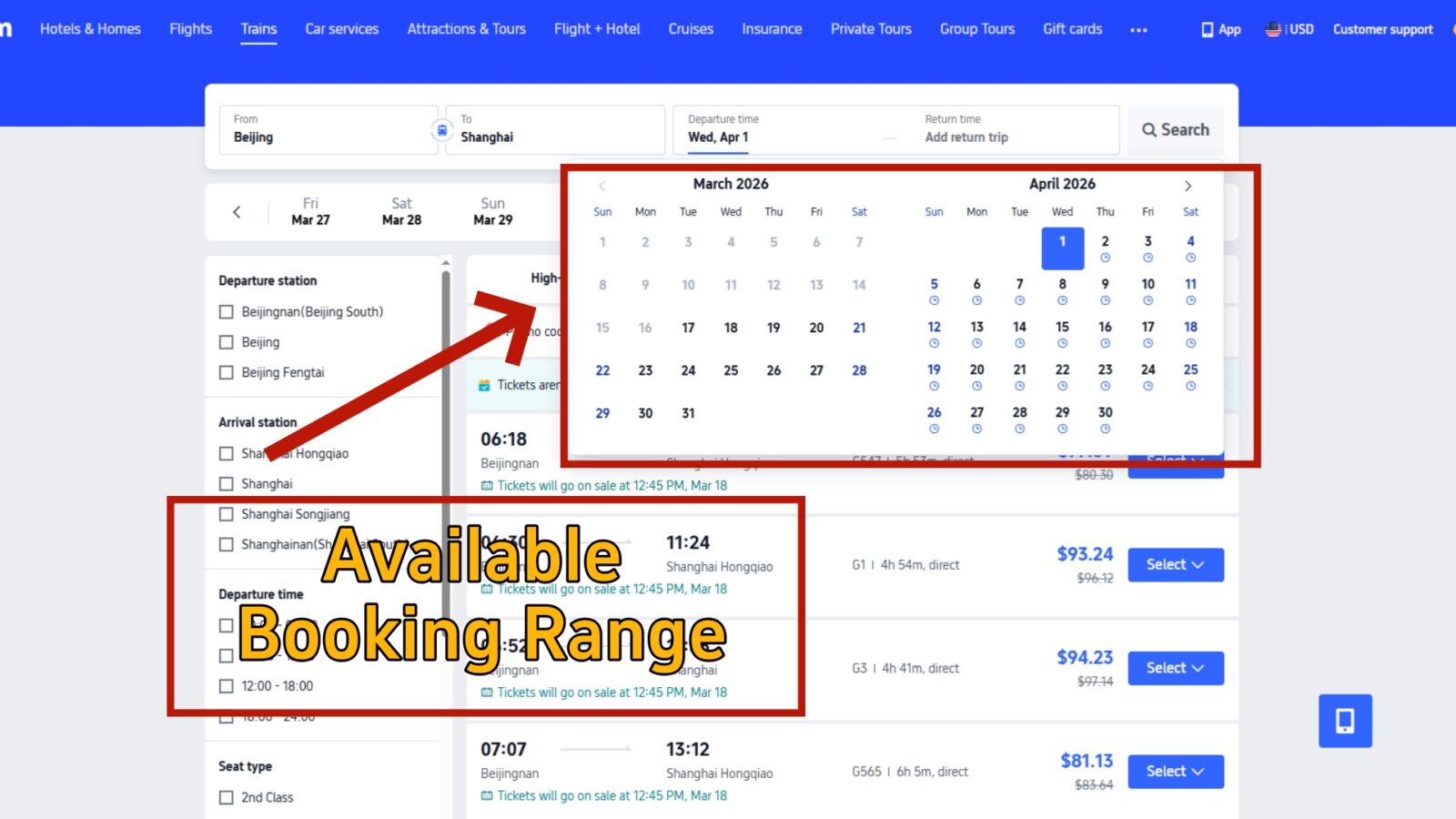 Available Booking Range on Trip. com