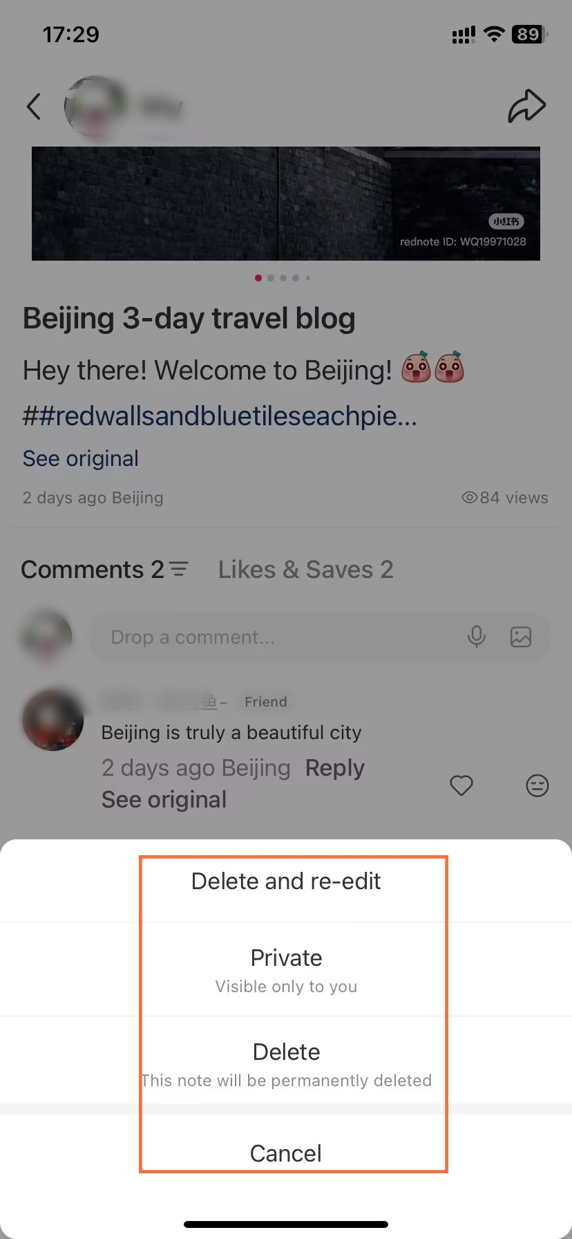 Delete or Hide Xiaohongshu Note