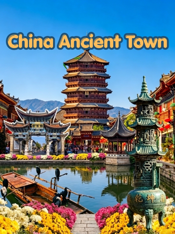 Ancient Town in China：Ornate Paifang Gate, Central Multi-story Pagoda, Decorative Incense Burner, Traditional Waterways, Classical Pavilions.