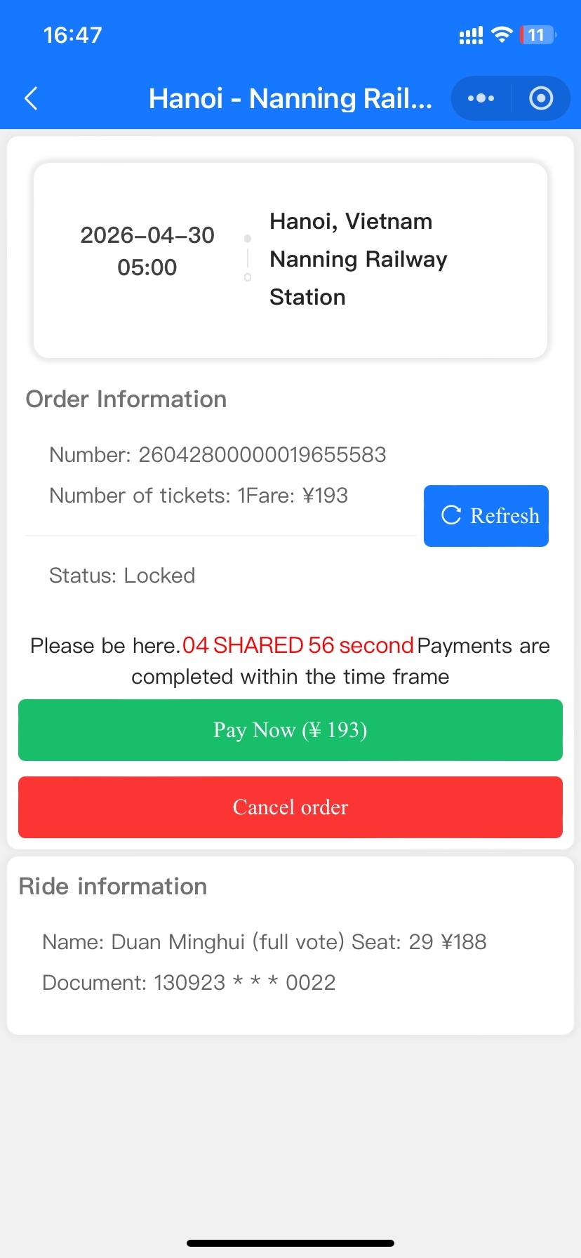 Hanoi to Nanning International Bus Ticket Purchase (Step3)