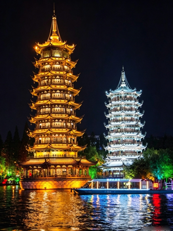The Sun-Moon Twin Pagodas by Two Rivers and Four Lakes, Guilin Nightlife