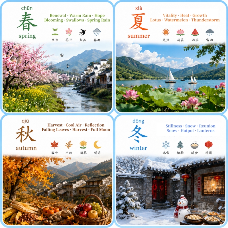 Seasons in Chinese：Vibrant Spring, Sweltering Summer, Golden Autumn, Cozy Winter