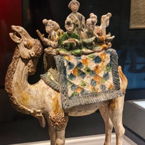 Tri-colored Camel Carrying Musicians Figurine