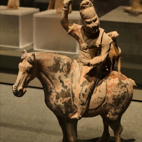 Painted Hu Rider Hunting Figurine with Hound