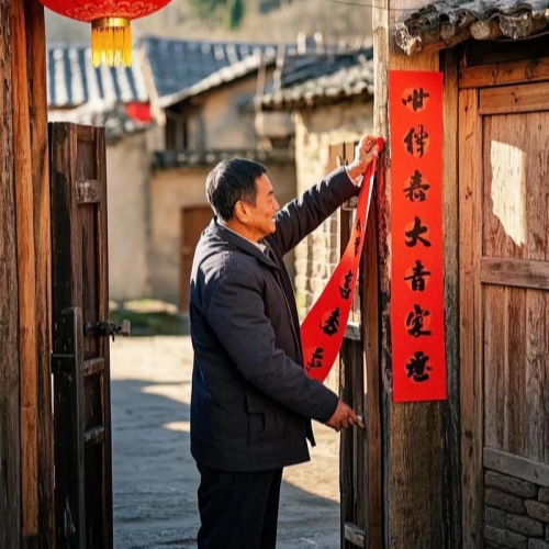 Red Spring Couplets on Wooden Door