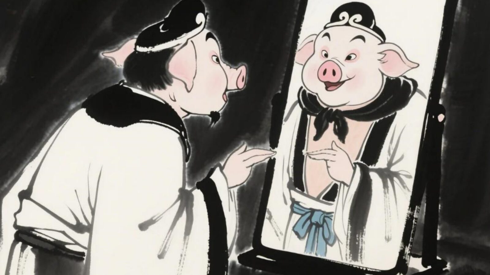 Zhu Bajie looks in the mirror.